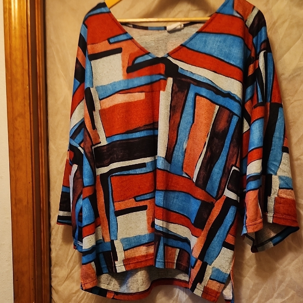 Suzanne Betro Geometric Blue and Orange V-Neck Blouse